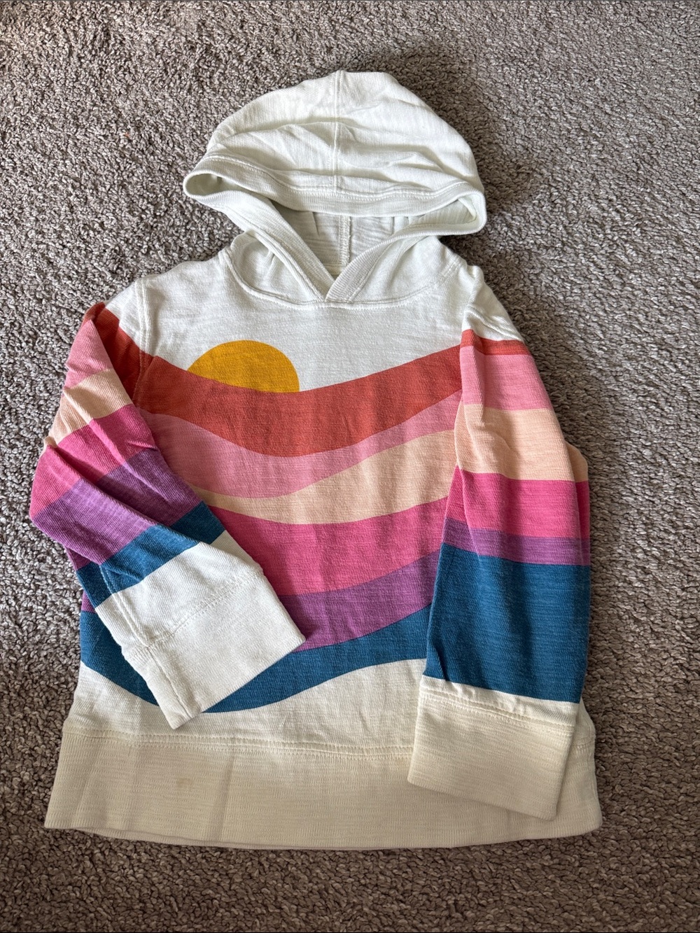 Faherty Cream Hoodie with Pink, Blue, Yellow & Purple Sunset Stripes